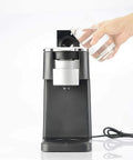 Front view of Bean To Cup Coffee Machine For Home Use Capsule Espresso Maker With Reusable Filter And Backlit Touch Panel, water being poured.