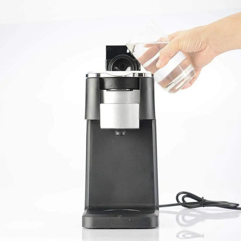 Front view of Bean To Cup Coffee Machine For Home Use Capsule Espresso Maker With Reusable Filter And Backlit Touch Panel, water being poured.
