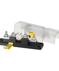 Class T Fuse Block With Insulating Cover For 160V DC And 110 To 200 Amps Heavy Duty Marine Electrical Block With Four Stud Design For Easy Access To Large Cable Lugs One Quarter Inch Mounting Screws One Quarter Twenty Studs, shown with cover