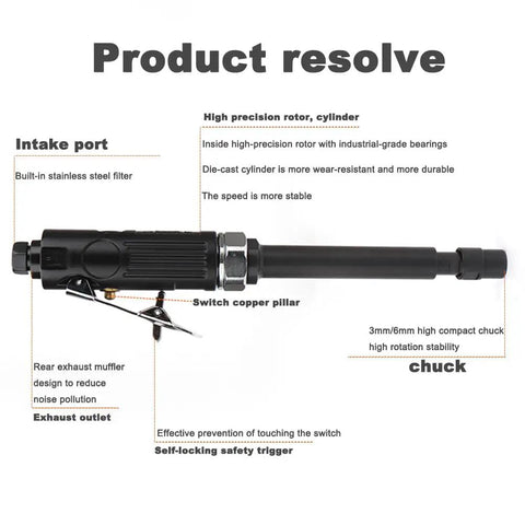 11 Inch Extra Long Straight Air Die Grinder With A Badass Pneumatic Build And 22000 RPM showing intake port and safety features.