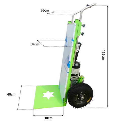 Ultra Heavy Duty Electric Stair Climbing Hand Truck, 800W Brushless Motor Moves Up To 881 Lbs, Pluggable Battery For Warehouse Logistics And Moving, Sturdy Aluminum Alloy Frame Easy Lift, showing dimensions and design features.