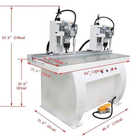 Double Station Pneumatic Hinge Boring Machine for Woodworking 48-6 with dual motors and adjustable hinge drilling setup.