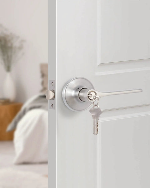 Keyed Entry Door Levers Set For Interior Doors Satin Nickel With Lock And Keys Left Or Right Handed Front Or Bedroom Door Handles