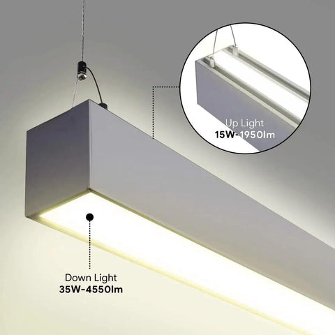 Dual CCT Tunable Direct Indirect 4 Foot Linear Up Down Light With Linkable Design, silver finish, showing up and down light emission
