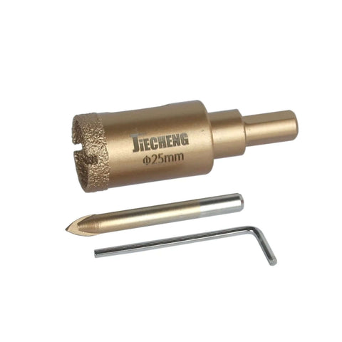 JIECHENG brazed diamond hole saw, 25mm (1in) with center drill bit; includes hex key; gold-colored.