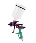 Straight Up Pro HVLP Spray Gun With Six Hundred Ml Cup And One Point Three Mm Nozzle For Dang Smooth Art Furniture Paint Projects And Zero Overspray Hassle Daily, side view showing 600ml cup and colorful design.