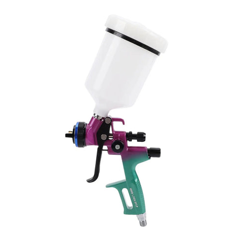 Straight Up Pro HVLP Spray Gun With Six Hundred Ml Cup And One Point Three Mm Nozzle For Dang Smooth Art Furniture Paint Projects And Zero Overspray Hassle Daily, side view showing 600ml cup and colorful design.
