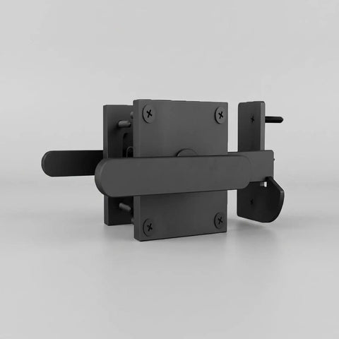 Amagogo Sliding Bolt Gate Latch-Heavy-Duty Steel Construction, Shielded Spray-Coated Finish, Latch with Double-Sided Handle, for Gates, Silver, angled view showing latch and plate.