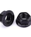 Heavy Duty M8 1.25 Hex Serrated Flange Nuts 304 Stainless Steel Black Oxide Finish Tough As Nails Grip For Automotive And Home Garage Diy Projects 20 Pack displayed in close-up view.