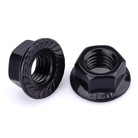 Heavy Duty M8 1.25 Hex Serrated Flange Nuts 304 Stainless Steel Black Oxide Finish Tough As Nails Grip For Automotive And Home Garage Diy Projects 20 Pack displayed in close-up view.