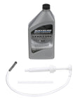 Quicksilver SAE 90 gear lube with pump kit, front view; gray bottle with black cap and white pump, 32 oz.