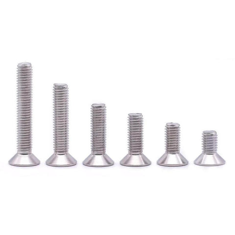 Beefy Flat Head Socket Cap Screws M6 x 12mm Countersunk, DIN7991, 304 Stainless Steel 18-8, Allen Hex Drive, 6 screws line up