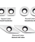 Three carbide woodturning cutters (mini set): square 11mm, round 12mm (30°), diamond cutter with radius.