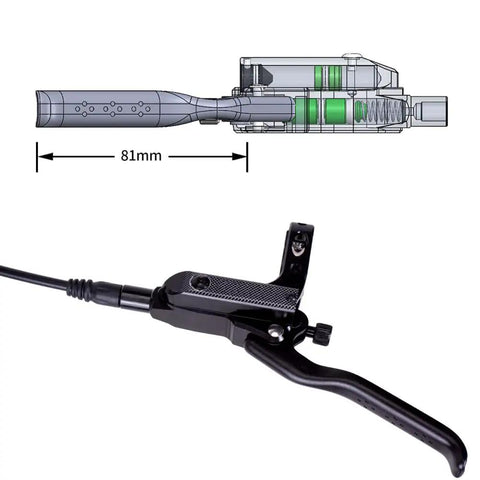 Diagram and close-up view of Four-Piston Hydraulic Disc Brake Kit For Mountain Bikes with lever and 81mm measurement detail