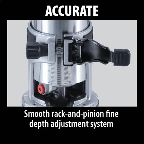Close-up of RT0701CR 1-1/4 HP Compact Router's rack-and-pinion fine depth adjustment system for precise woodworking cuts.