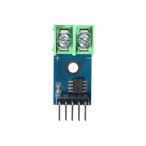 Front view of MAX6675 Thermocouple Module with K-Type Sensor for Arduino, SPI Interface, 0 to 1024 Celsius Range, 0.25 Celsius Resolution.