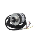 Rotary Encoder TRDJ100RZ Incremental Encoder with stainless steel shaft and aluminum shell, showing front view with attached wiring.
