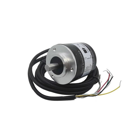 Rotary Encoder TRDJ100RZ Incremental Encoder with stainless steel shaft and aluminum shell, showing front view with attached wiring.