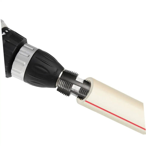 BESPORTBLE PPR PVC Pipe Threading Tool For Electric Drill And Manual Use attached to a PVC pipe, showcasing threaded adapter head.
