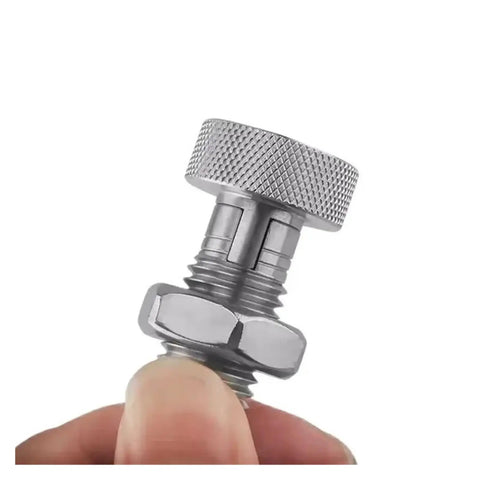 Top Shelf Stainless Steel Spring Plunger Featuring A Knurled Grip Knob And Self Locking Design For Effortless Retraction Includes An M16 Mounting Screw And Nut For Heavy Duty Applications That Will Stand The Test Of Time, close-up of the knurled grip knob and threaded screw.