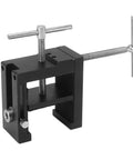 Professional Cabinet Face Frame Clamps Equipped With Exact Drill Guides For Dead Nuts Accurate Fitting And Heavy Duty Rubber Pads, black aluminum clamp close-up.