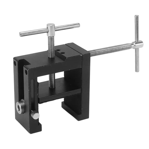 Professional Cabinet Face Frame Clamps Equipped With Exact Drill Guides For Dead Nuts Accurate Fitting And Heavy Duty Rubber Pads, black aluminum clamp close-up.