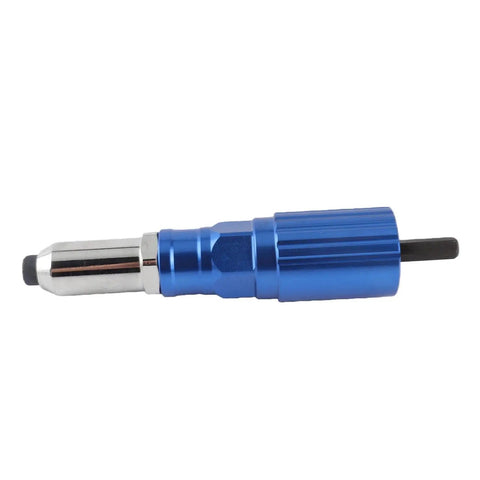 Heavy Duty Cordless Rivet Gun Adapter For Drills With Four Piece Aluminum Rivet Nut Kit and Multi Size Heads smooth blue metallic tool.