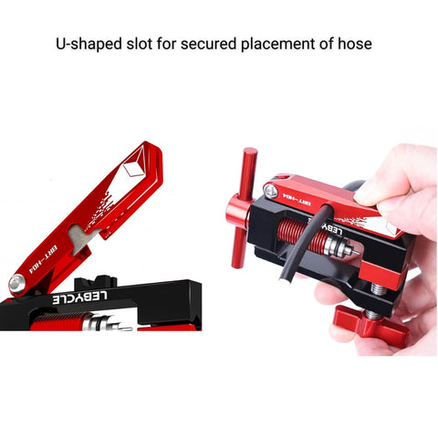 Close-up of Hydraulic Disc Brake Hose Cutter And Needle Barb Driver Tool for Bikes with U-shaped slot and hose