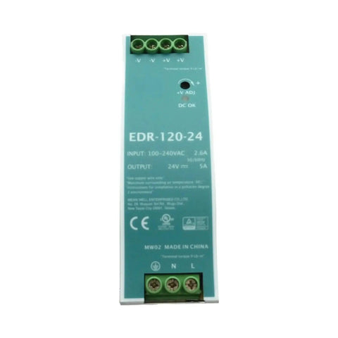 24V 5A DIN Rail Power Supply, 120W, Universal 90-264 VAC Input, Efficiency Up To 87.5%, Output Adjustable From 24 To 28V DC, front view