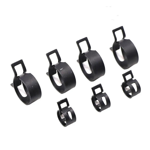 Cool 75 Pc Set Of 6-10mm Q673B Black Vacuum Fuel Oil Hose Pipe Tube Clamps Spring Assortment Kit With Storage Box For Quick Fixes And Super Tight Seals black spring hose clamps on white background