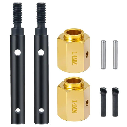 Level Up Your Rig With Heavy Duty Extended Wheel Hubs And Solid Steel Stub Axle Portal Drive Kit For Traxxas TRX4 Defender Bronco And K5 Bringing Extra Ground Clearance, black steel and gold hubs.