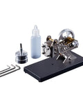 Steam Engine Model Kit For DIY Learning With Aluminum Body, Hot Gas Turbine Motor displayed with assembly tools