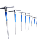 Premium Metric T Handle Hex Key Set Forge From Heavy Duty Chrome Vanadium Steel With Slim Sliding Grip And Compact Foldable Case For Auto Repair Bike Fixes And Daily Hardware Tasks You Can Totally Rely On For Any Tough Job Around The House Or Garage. Eight metric T-handle hex keys, chrome vanadium steel, blue grips, 2-10mm