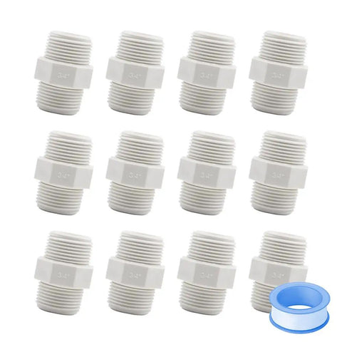 12 Pack 3/4 Inch PVC Pipe Fittings Hex Nipple G3/4 Male X G3/4 Male Coupling Adapters For Plumbing, with Teflon Tape