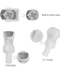 Plastic hose barb inline quick connector with 1/4 in barb and built-in check valve, 1 male and 1 female.