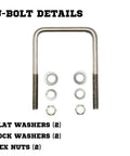 Beefy 90 Degree U Bolts Set In 304 Stainless, 3/8-16 Threaded, 2 Inch Length, 3-7/8 Inch Shank, shown with washers and nuts