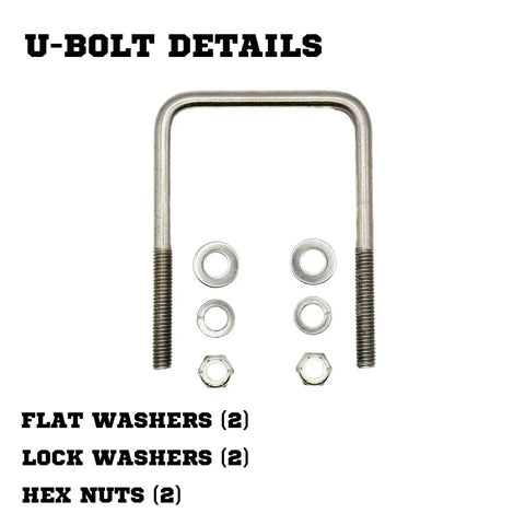 Beefy 90 Degree U Bolts Set In 304 Stainless, 3/8-16 Threaded, 2 Inch Length, 3-7/8 Inch Shank, shown with washers and nuts