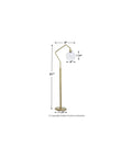 Modern Floor Lamp With Glass Shade And Angular Arm In Antique Brass, 61 Inch Tall, showing dimensions and sleek design.