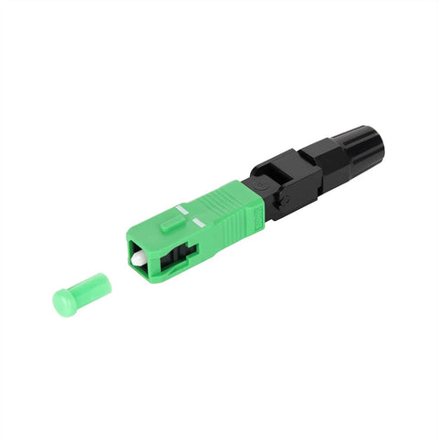 Side view of SC/APC fiber optic fast connector with green housing and black body for 3.0/2.0 mm drop cables