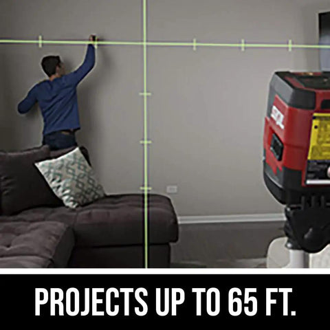 Self Leveling Green Cross Line Laser With Projected Measuring Marks For Quick Precise Layouts Up To 65 Feet A Handy DIY And Pro Tool Red Black LL932401 projecting on wall.