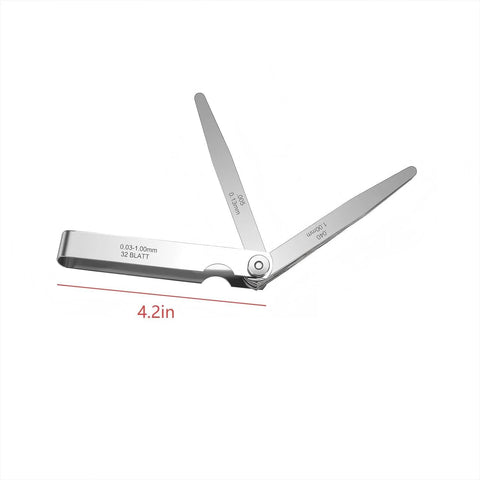 Feeler gauge set, 32 stainless steel blades, side view with metric 0.03–1.00 mm and imperial 0.001–0.040 in, 4.2 in