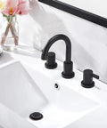 Matte Black Bathroom Sink Faucet With Widespread 8 Inch 3 Hole Vanity Fit, 360 Degree Swivel Spout, Pop Up Drain And Water Supply Lines Included