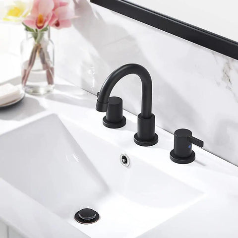 Matte Black Bathroom Sink Faucet With Widespread 8 Inch 3 Hole Vanity Fit, 360 Degree Swivel Spout, Pop Up Drain And Water Supply Lines Included