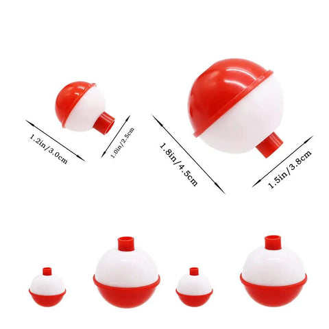 60 Piece Fishing Floats Set Hard ABS Push Button Round Buoys For Tackle Accessories One Inch And One And A Half Inch Red And White