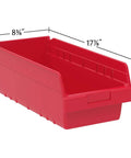 Front view of a red plastic storage bin with dimensions, not the ShelfMax Plastic Nesting Storage Bins Box Set, 18-Inch L x 8-Inch W x 6-Inch H, Blue.