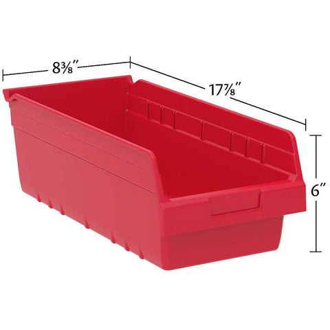 Front view of a red plastic storage bin with dimensions, not the ShelfMax Plastic Nesting Storage Bins Box Set, 18-Inch L x 8-Inch W x 6-Inch H, Blue.