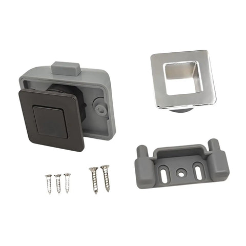 Push Button Latch Lock For 15mm Thick Door Panels Black Heavy Duty Push Lock Cabinet Latch with components and screws