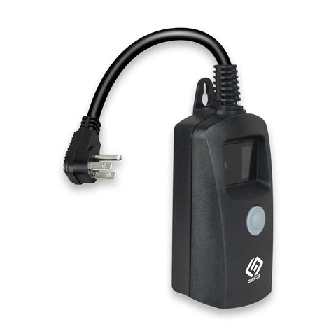 Heavy Duty Outdoor Light Timer With Smart Dusk To Dawn Sensor, black timer with plug and button for simple outdoor use.