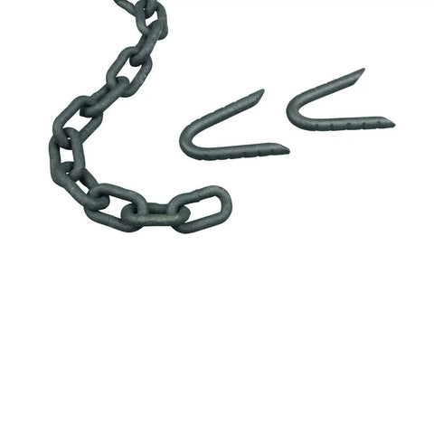 Black Cast Iron Cannonball Weight Automatic Gate Closer With 5-Foot Galvanized Chain For Outdoor Gates, close-up of chain and hooks