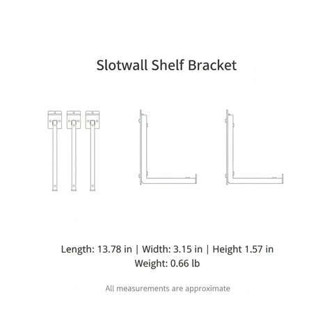 Diagram of Heavy Duty Slatwall Shelf Brackets For Glass Wood Or Metal Shelving With Silver Finish 50 Pack shown from front and side